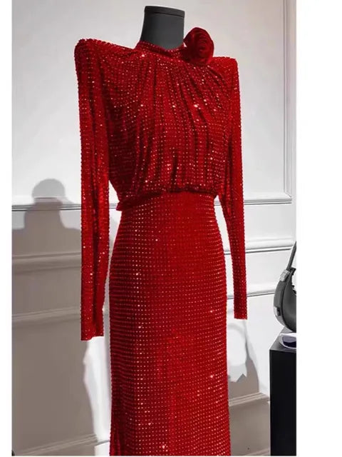 Rhinestones Long Dress New Fall Spring Women Fashion Party Dress