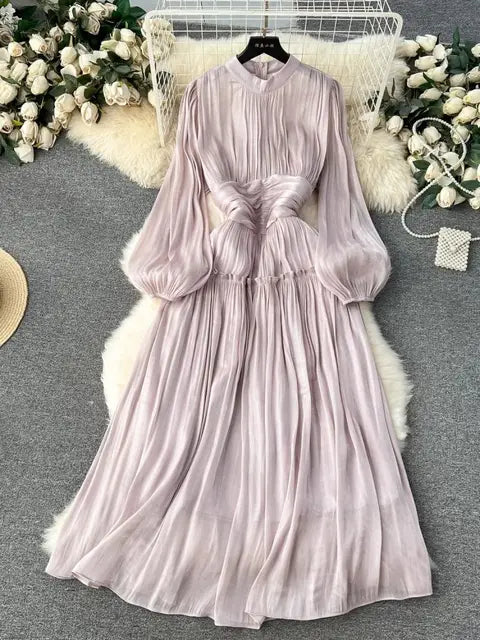 Luxury Folds Wedding Formal Occasion Dresses For Women's Stand Puff Sleeve Chic A-Line Pleated Shine Robe Clothes Holiday
