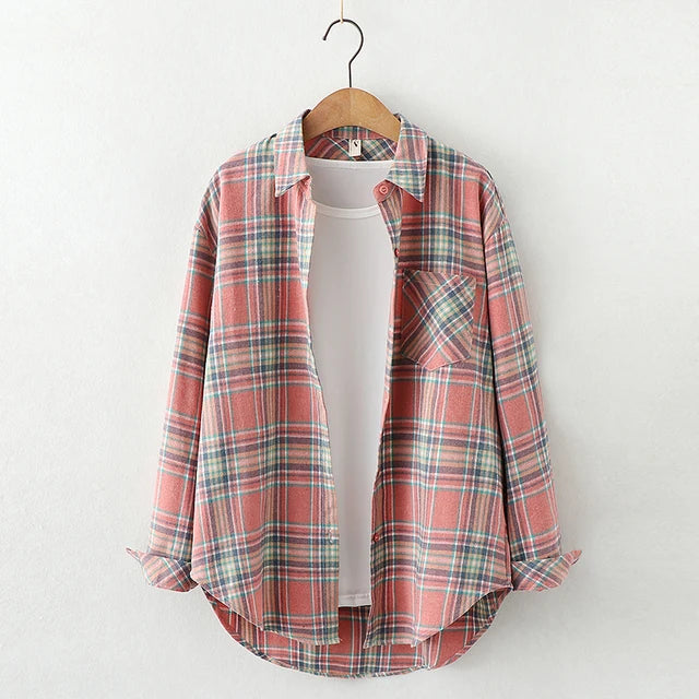 Fall New Loose Womens Plaid Shirt Brand Excellent Quality Blouses and Tops Female Long Sleeve Shirts