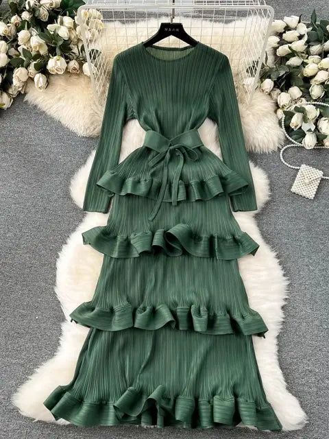 Luxury Cascading Ruffles Pleated Dress For Women Long Sleeve Stretch Bandage Belt Evening Prom Cake Clothing