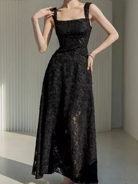 Sexy Lace Jacquard See Through Women Dress Sleeveless Tie Up Backless Lace Long Dress Summer Party Ladies Dress