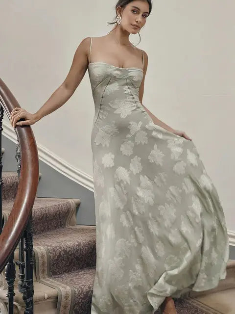 Sexy Lace Jacquard See Through Women Dress Sleeveless Tie Up Backless Lace Long Dress Summer Party Ladies Dress