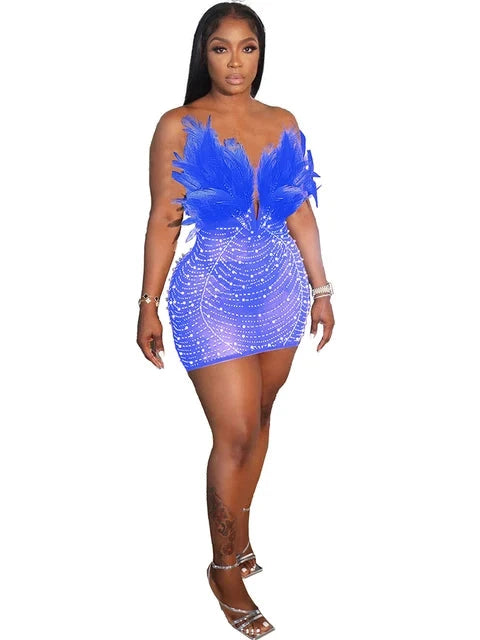 Holiday Party Sexy Feathers Rhinestones Backless Diamond Sheer Mesh Bodycon Dresses for Woman Rave Club Birthday Party Night
