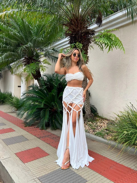 Women Two-piece Skirt Suit Halter Straps Tube Top Skirt Naked Waist Chic Beach Dance Robe