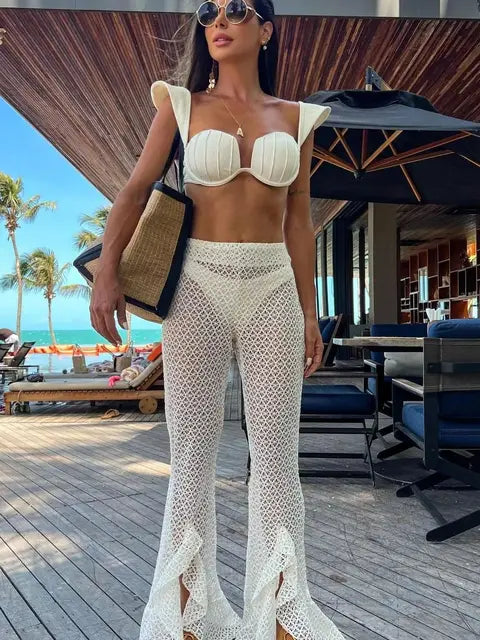 Sexy Bikini Set With Pants Summer Women 3 Piece Set White Tube Top with Mesh Pants Suit Female Beachwear