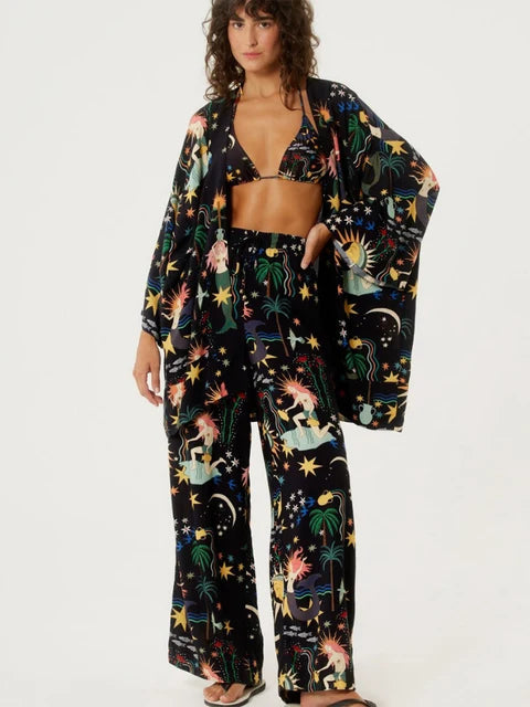Summer Black Sexy Women Two Piece Pant Set Tie Flowers Strapless Top Tassel High Split Pants Suit Beach Vacation Female Clothing