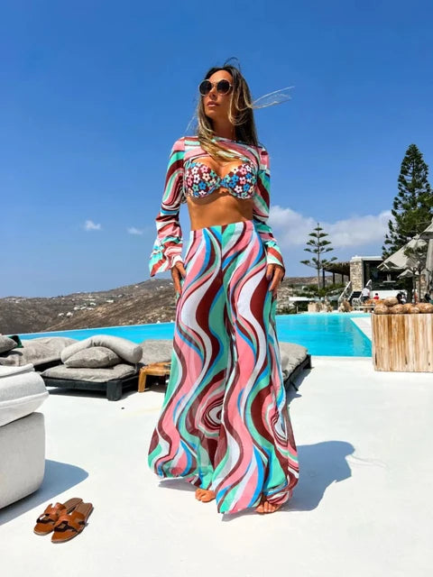 Summer Black Sexy Women Two Piece Pant Set Tie Flowers Strapless Top Tassel High Split Pants Suit Beach Vacation Female Clothing