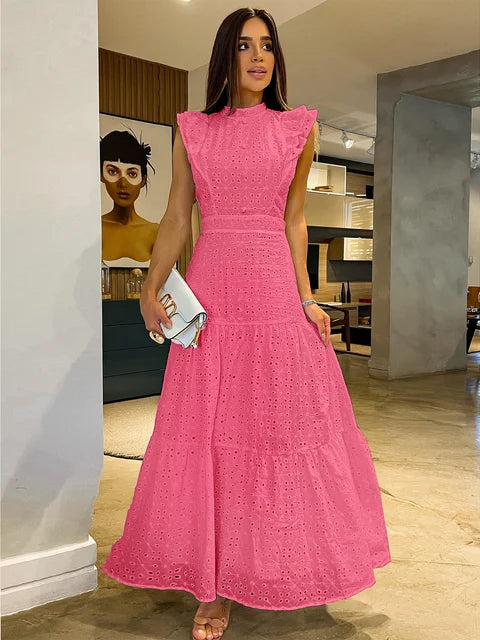 Bohemian Hollow Out Women Dress O Neck Flying Sleeve Button Long Dress Summer Chic Casual Beach Women Clothing