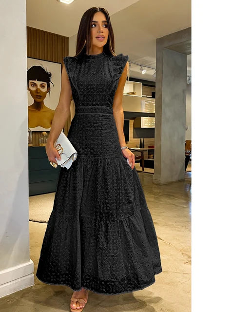 Bohemian Hollow Out Women Dress O Neck Flying Sleeve Button Long Dress Summer Chic Casual Beach Women Clothing