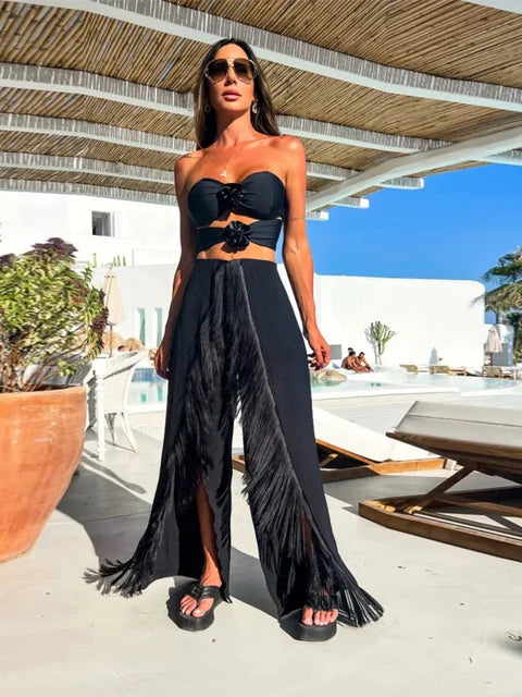 Summer Black Sexy Women Two Piece Pant Set Tie Flowers Strapless Top Tassel High Split Pants Suit Beach Vacation Female Clothing