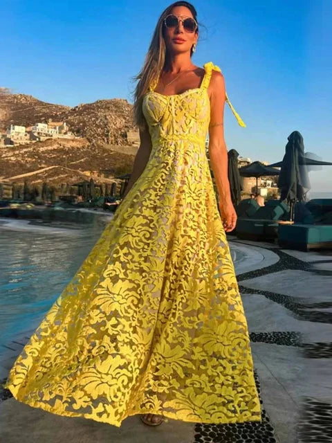 Sexy Lace Jacquard See Through Women Dress Sleeveless Tie Up Backless Lace Long Dress Summer Party Ladies Dress