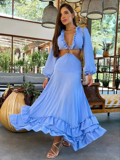 Solid Beach Dresses Women Deep V Neck Dress Beach Cover ups Women Summer Beachwear Sexy Long Dress