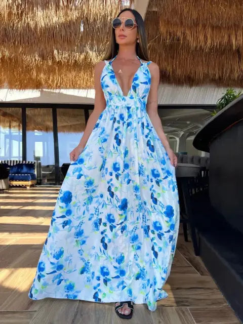 Women V Neck One Piece Dress Strappy Backless Bow Beachwear Women Party Dresses Casual Summer Long
