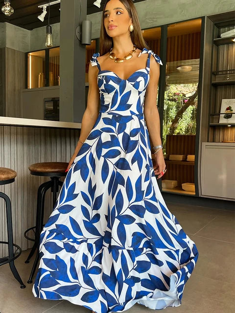 Summer Print Long Dress Women Clothing Party Dresses Pattern Strappy Ladies Hollow Out V-Neck Beach Vestidos