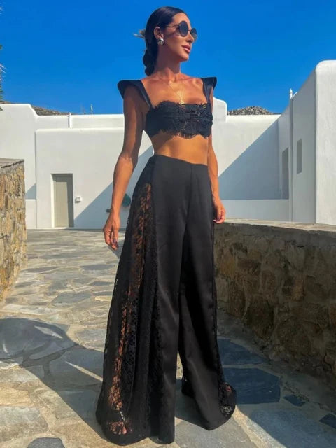Sexy Black Lace Three Piece Women Bikini Set With Pants High Waist Hollow Out Wide Leg Pants Suit Summer Beach Swimsuit