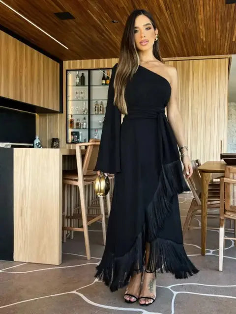 Solid Women's One-Shoulder Sexy Lady Long Skirt Slit Ruffled Tassel Swing Evening Dress