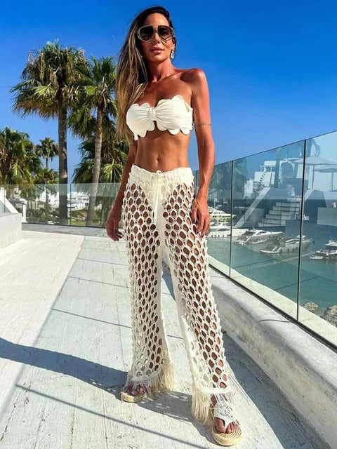 Summer Black Sexy Women Two Piece Pant Set Tie Flowers Strapless Top Tassel High Split Pants Suit Beach Vacation Female Clothing