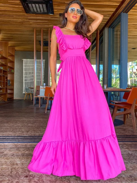 Women V Neck One Piece Dress Strappy Backless Bow Beachwear Women Party Dresses Casual Summer Long