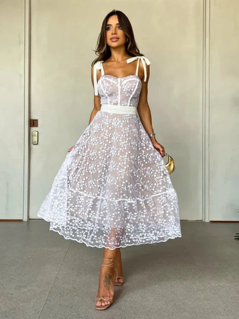 Sexy Lace Jacquard See Through Women Dress Sleeveless Tie Up Backless Lace Long Dress Summer Party Ladies Dress
