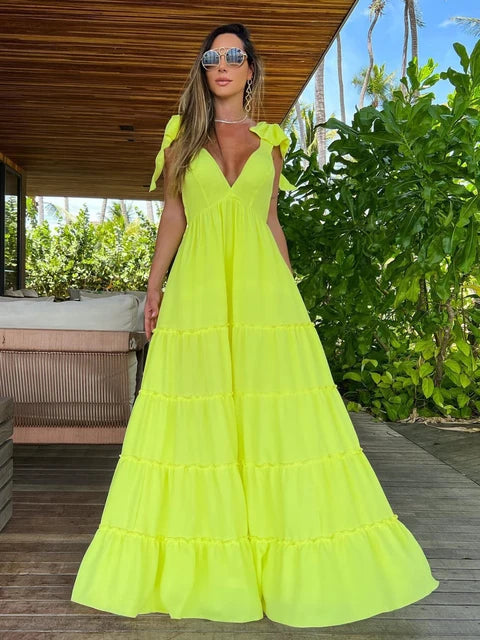 Women V Neck One Piece Dress Strappy Backless Bow Beachwear Women Party Dresses Casual Summer Long