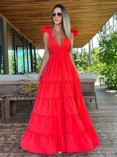 Women V Neck One Piece Dress Strappy Backless Bow Beachwear Women Party Dresses Casual Summer Long