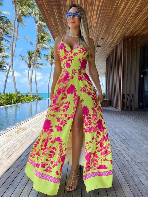 Summer Print Long Dress Women Clothing Party Dresses Pattern Strappy Ladies Hollow Out V-Neck Beach Vestidos