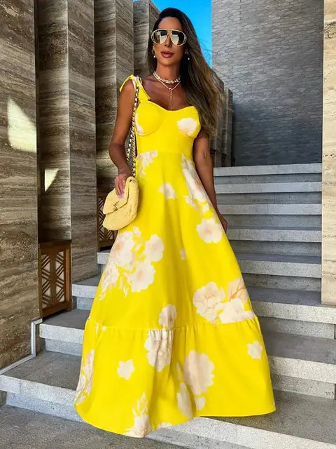 Summer Print Long Dress Women Clothing Party Dresses Pattern Strappy Ladies Hollow Out V-Neck Beach Vestidos