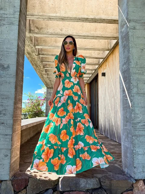 Women V Neck One Piece Dress Strappy Backless Bow Beachwear Women Party Dresses Casual Summer Long