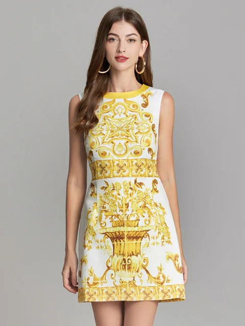 Fashion Runway Summer Short Dress Women's Sleeveless Elegant Blue And White Porcelain Flower Print Holiday Mini Dresses