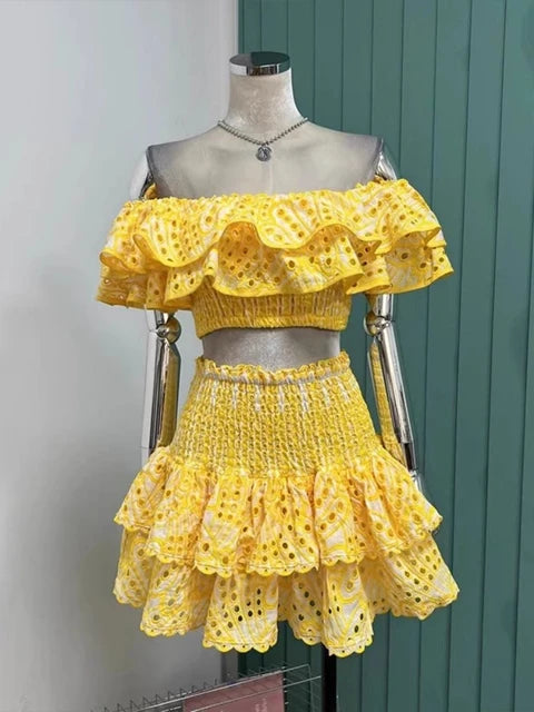Summer Holiday Embroidery 2 Pieces Sets Women Slash Neck Layered Ruffles Elastic Cut Out Top Mini Skirt Suits Hollow Out Outfits