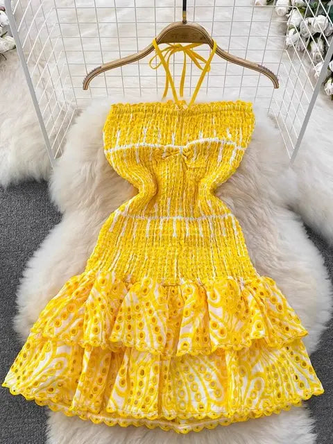Halter Hollow Out Embroidery Dress Women's Sleeveless Open Back Ruffles Stretch