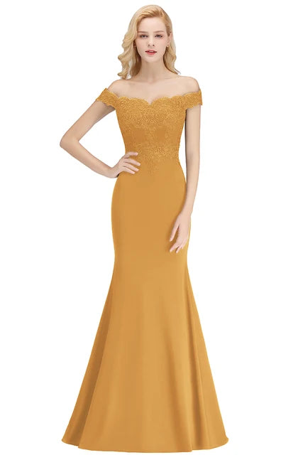 Embroidered Illusion Lace Tops Bridesmaid Dress Off-the-shoulder Neckline Draped Banded Sleeves Mermaid Gown