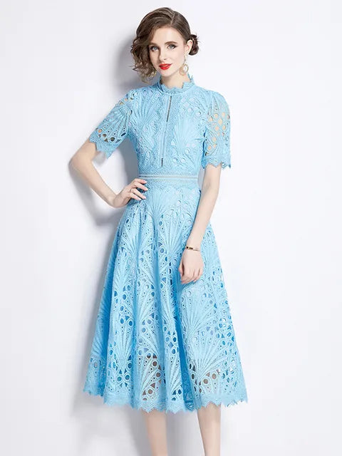 Lace Hollow Out Summer Dress Women's Embroidery Elegant Short Sleeve Dresses