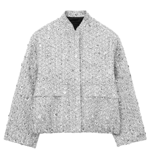 Women Fashion Shiny Sequin Jacket Gold Color Stand Collar Long Sleeve Short Coat Fall Winter Ladies Christmas Outwear
