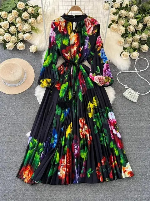 Spring Print Long Dress For Women Fashion Loose Lantern Sleeve Party Female Big Swing Tassels Belt Pleated