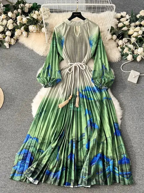 Spring Print Long Dress For Women Fashion Loose Lantern Sleeve Party Female Big Swing Tassels Belt Pleated
