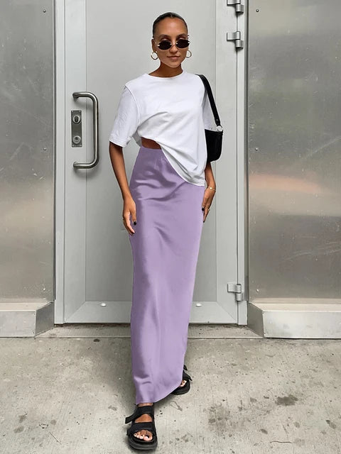 Summer Fall Women Bodycon Solid Black Satin Skirts High Waist Pencil Slim Maxi Skirt For Work Women