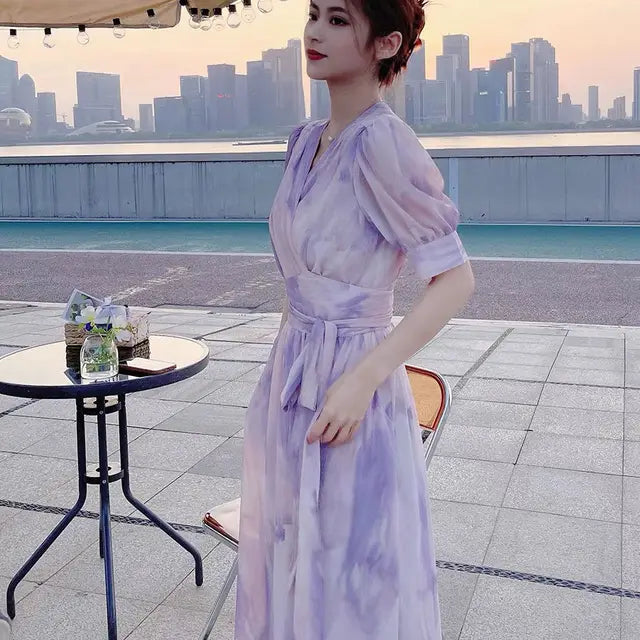Office Lady Puff Sleeve Floral Dress Loose Waist With Bandage New Women's Summer Dresses Elegant Casual Midi