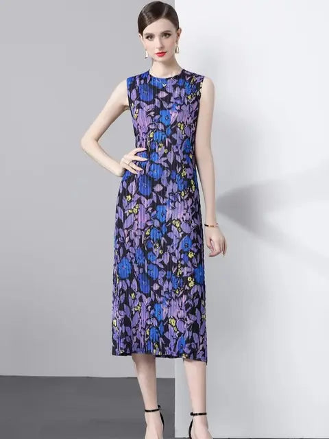 Summer Holiday Floral Print Long Pleated Dress Women Clothing Sleeveless High Stretch Straight Draped Loose Robe