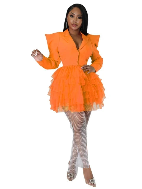 Fashion Blazer Style Long Sleeve Ruffles Mesh A-line Mini Dress Women Spring Office Lady Sexy Club Party Birthday Dresses