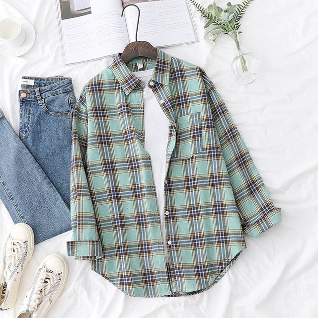 Fall New Loose Womens Plaid Shirt Brand Excellent Quality Blouses and Tops Female Long Sleeve Shirts