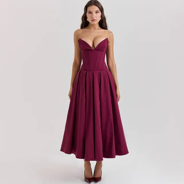 Suninheart Black Elegant Wedding Events Dress Sexy Strapless Corset Dress Midi Christmas Party Dresses for Women