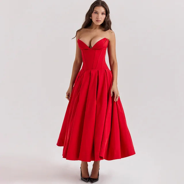 Suninheart Black Elegant Wedding Events Dress Sexy Strapless Corset Dress Midi Christmas Party Dresses for Women