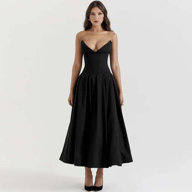 Suninheart Black Elegant Wedding Events Dress Sexy Strapless Corset Dress Midi Christmas Party Dresses for Women