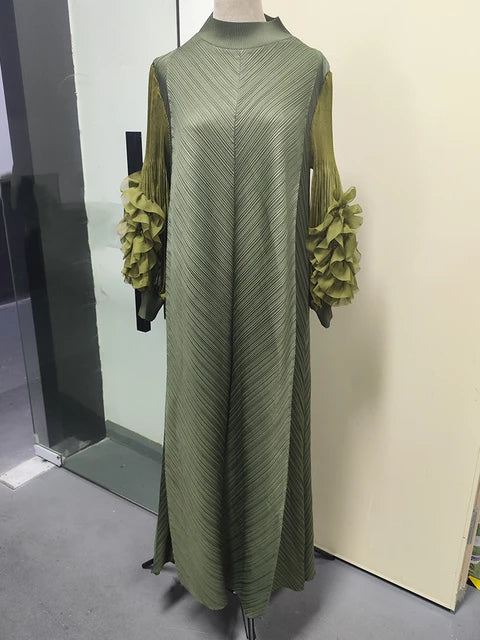 Maxi Pleated Dress Round Neck Spliced Full Sleeve Dresses For Women