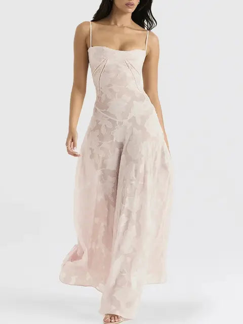 Sexy Lace Jacquard See Through Women Dress Sleeveless Tie Up Backless Lace Long Dress Summer Party Ladies Dress