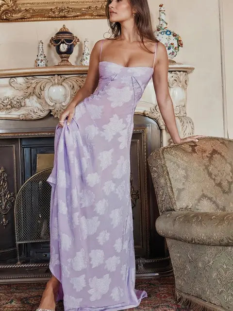 Sexy Lace Jacquard See Through Women Dress Sleeveless Tie Up Backless Lace Long Dress Summer Party Ladies Dress