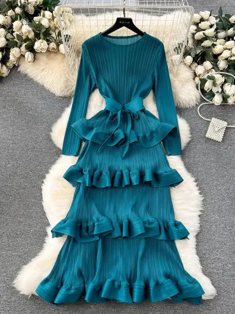Luxury Cascading Ruffles Pleated Dress For Women Long Sleeve Stretch Bandage Belt Evening Prom Cake Clothing