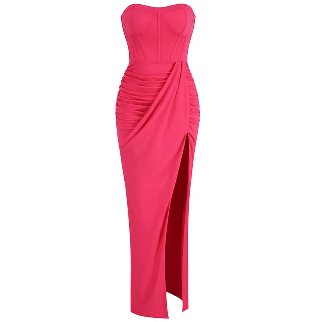 Women's Sexy breast wrapping Dress Red Wrinkled Hem Split Party ceremonial dress Long Dress