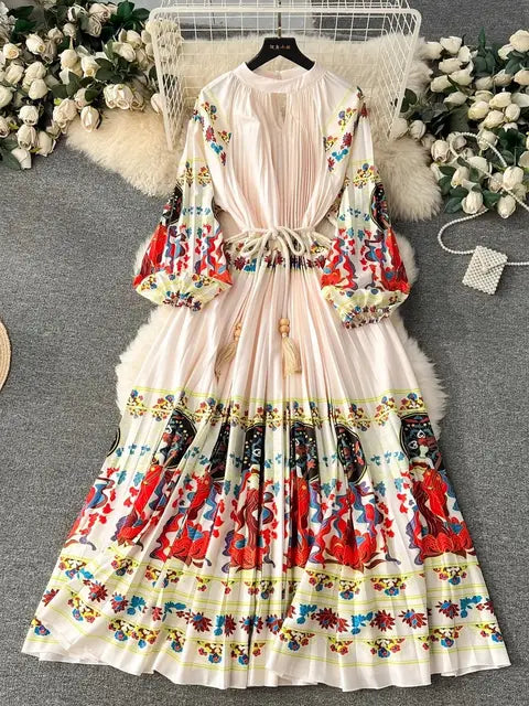 Spring Print Long Dress For Women Fashion Loose Lantern Sleeve Party Female Big Swing Tassels Belt Pleated